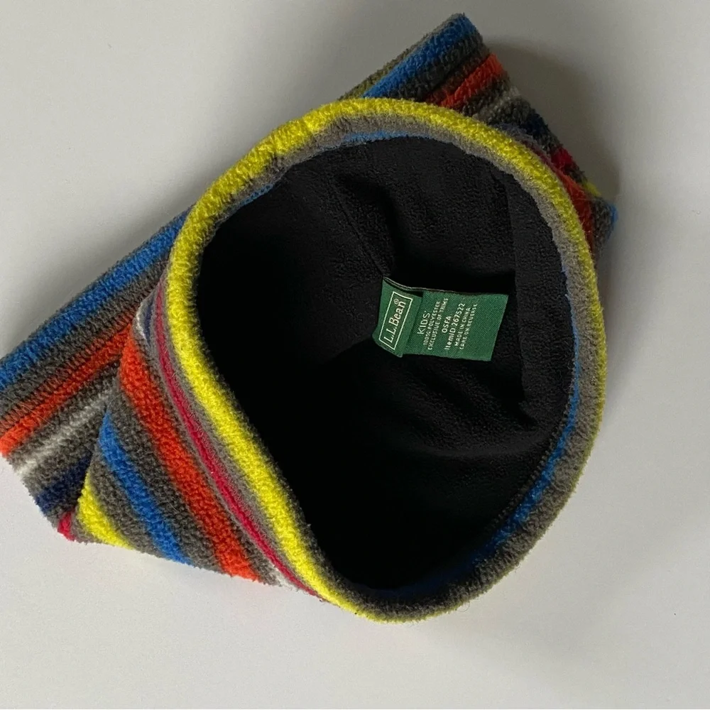 Lands’ End Fleece Stripes Ear Muffs Warmer Kids Gray Blue Red Hat Head Band EUC